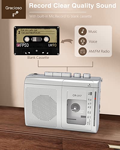 Gracioso Portable Cassette Player Recorder with Bluetooth Transmitter, AM FM Walkman Cassette Player with Headphone Jack & Big Speaker,Microphone Jack, 2*AA Battery Opearated Cassette Tape Player