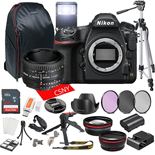 Nikon D850 DSLR Camera with 50mm F/1.8D Prime Lens + 64GB Memory + Back Pack Case + Tripod, Lenses, Filters, & More (28pc Bundle)