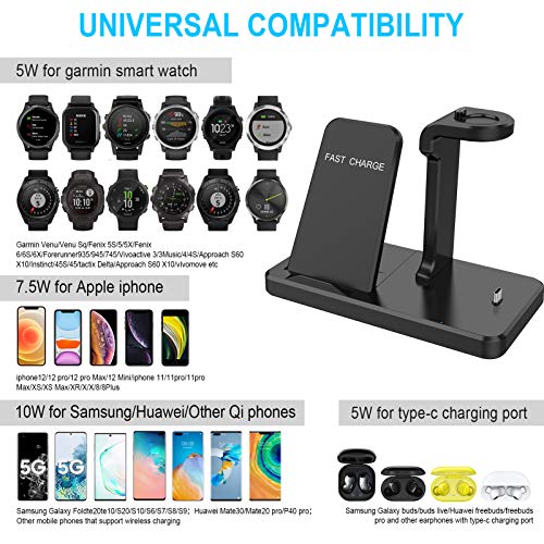 Charger Stand Compatible with Garmin Instinct 2/D2 Air X10/Venu Sq/Forerunner 745/Vivoactive 4/3 Music/Fenix 7S/7/7x/5/6/6S/6X/Epix Gen 2 Watch Charger 3 in 1 Wireless Charger Station Type C