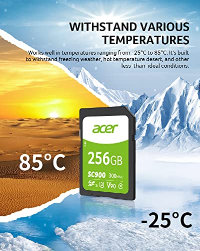 Acer SC900 256GB SDXC UHS-II Professional Digital SD Memory Card - C10, U3, V90, 4K, Full HD Video - Up to 300MB/s Read Speed for DSLR and Camera - BL.9BWWA.312