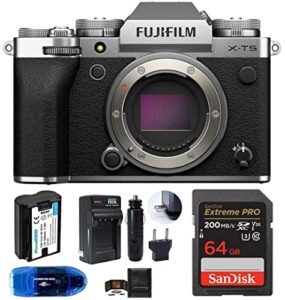 fujifilm x-t5 mirrorless digital camera body bundle, includes: sandisk 64gb extreme pro sdxc memory card, spare battery + more (6 items) (silver)