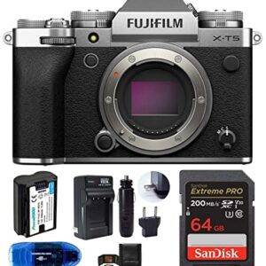 Fujifilm X-T5 Mirrorless Digital Camera Body Bundle, Includes: SanDisk 64GB Extreme PRO SDXC Memory Card, Spare Battery + More (6 Items) (Silver)