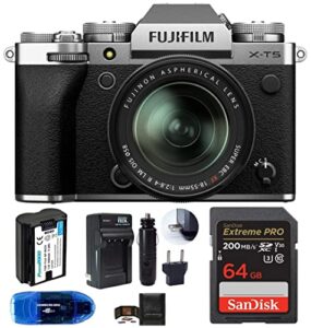 fujifilm x-t5 mirrorless digital camera with xf 18-55mm f/2.8-4 r lm ois lens bundle, includes: sandisk 64gb extreme pro sdxc memory card, spare battery + more (6 items) (silver)