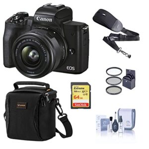 canon eos m50 mark ii mirrorless camera with ef-m 15-45mm f/3.5-6.3 is stm lens, black bundle with bag, 64gb sd card, filter kit, sling strap, cleaning kit