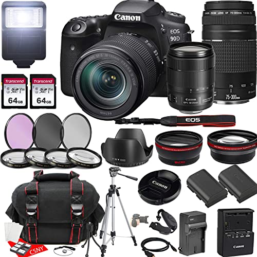 Canon EOS 90D DSLR Camera w/EF-S 18-135mm f/3.5-5.6 is USM Lens + 75-300mm F/4-5.6 III + 2X 64GB Memory + Hood + Case + Filters + Tripod + More (35pc Bundle)