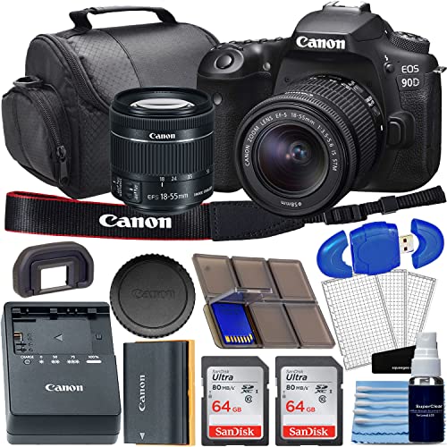 Camera EOS 90D DSLR Camera Bundle with EF-S 18-55mm f/4-5.6 is STM Lens + 2pc SanDisk 64GB Memory Cards + Deluxe Bag + Professional Kit