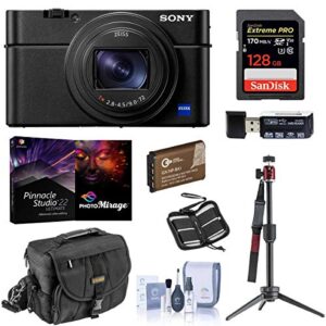 sony cyber-shot dsc-rx100 vii digital camera – bundle with 128gb sdxc u3 card, table top tripod, camera case, spare battery, memory wallet, cleaning kit, card reader, pro pc software package