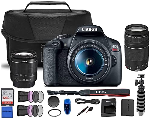 Camera EOS Rebel T7 DSLR Camera w/EF-S 18-55mm F/3.5-5.6 Lens + EF 75-300mm f/4-5.6 III Lens + Deluxe Case + Sandisk 128GB Memory Card + 3pc Filter Kit + Tripod + Card Reader + Cleaning Kit