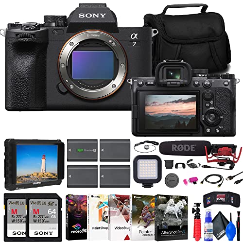 Sony a7 IV Mirrorless Camera (ILCE-7M4/B) + 4K Monitor + Rode VideoMic + 2 x 64GB Memory Card + Bag + 3 x NP-FZ100 Compatible Battery + Card Reader + LED Light + Corel Photo Software + More