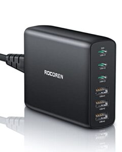 usb c charger, rocoren 100w 6 port pd3.0 qc4.0 pps usb c charging station, multiport with 3 usb-c+3 usb-a, portable pd fast usb c wall charger for macbook air, iphone 14/13/12 pro max, ipad, samsung