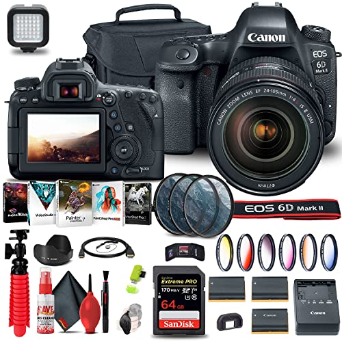 Canon EOS 6D Mark II DSLR Camera with 24-105mm f/4L II Lens (1897C009) + 64GB Card + Color Filter Kit + Case + Filter Kit + Corel Photo Software + 2 x LPE6 Battery + Card Reader + More (Renewed)