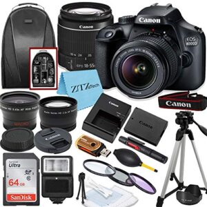 canon eos t100/4000d dslr camera with ef-s 18-55mm lens, sandisk memory card, tripod, flash, backpack + zeetech accessory bundle (canon 18-55mm, sandisk 64gb) (renewed)