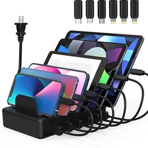 zxswonly charging station for multiple devices, 50w 6 ports usb charging station organizer with 6 cables compatible with cellphone, tablet, kindle, and other electronic (white) (black)
