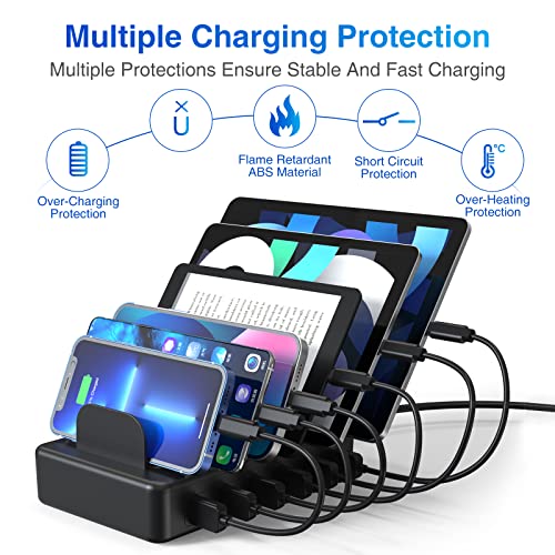 ZXSWONLY Charging Station for Multiple Devices, 50W 6 Ports USB Charging Station Organizer with 6 Cables Compatible with Cellphone, Tablet, Kindle, and Other Electronic (White) (Black)