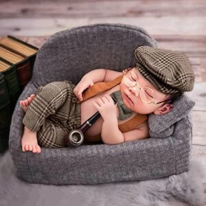 spokki 4 pcs newborn baby photo props, lattice rompers suspender pants with beret glasses bow tie for infant boys’ costumes, newborn boy photography outfit set, checked fabric gentleman suit (brown)