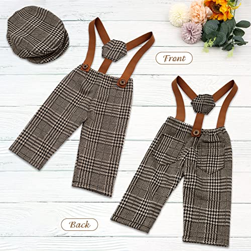 SPOKKI 4 Pcs Newborn Baby Photo Props, Lattice Rompers Suspender Pants with Beret Glasses Bow Tie for Infant Boys' Costumes, Newborn Boy Photography Outfit Set, Checked Fabric Gentleman Suit (Brown)