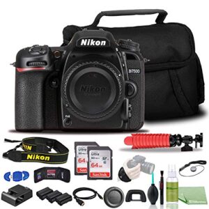 nikon d7500 dslr camera – bundle – (body only) (1581) + 2x en-el15 battery + 2x sandisk 64gb card + case + 12 inch flexible tripod + deluxe cleaning set + hdmi cable + hand strap + more