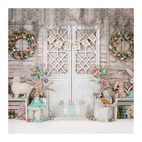 Kate 8x8ft Happy Easter Day Photography Backdrops Colorful Eggs Cute Rabbit Toy Photographic Background Retro Wall White Door Baby Shower Newborn Shooting Backdrop