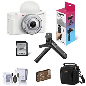 sony zv-1f vlogging camera, white bundle with accvc1 vlogger accessory kit, extra battery, shoulder bag, cleaning kit