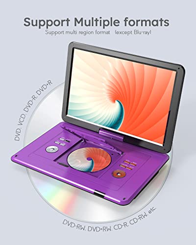BOIFUN 17.5" Portable DVD Player with 15.6" Large HD Screen, 6 Hours Rechargeable Battery, Support USB/SD Card/Sync TV and Multiple Disc Formats, High Volume Speaker, Purple