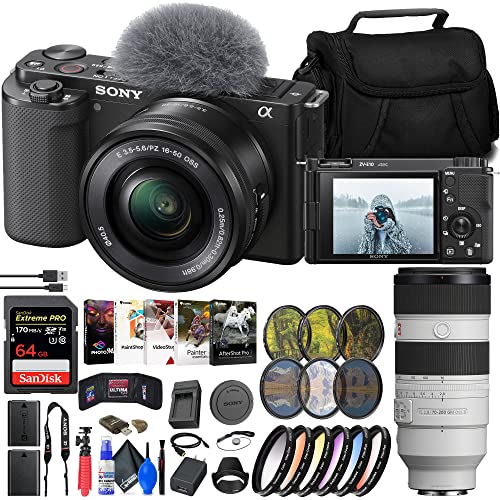 Sony ZV-E10 Mirrorless Camera with 16-50mm Lens (Black) (ILCZV-E10L/B) FE 70-200mm Lens + 64GB Memory Card + Filter Kit + Color Filter Kit + Lens Hood + External Charger + More