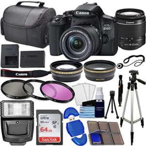 camera eos 850d (rebel t8i) dslr camera w/ 18-55mm lens bundle with 64gb memory card, wide angle lens, telephoto lens, 3pc filter kit, case, tripod + photography kit (33 pieces)