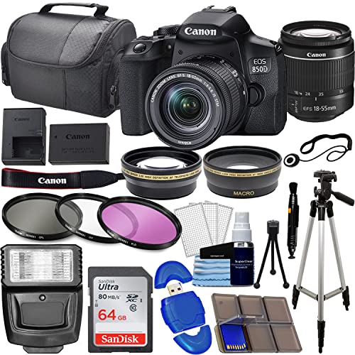 Camera EOS 850D (Rebel T8i) DSLR Camera w/ 18-55mm Lens Bundle with 64GB Memory Card, Wide Angle Lens, Telephoto Lens, 3Pc Filter Kit, Case, Tripod + Photography Kit (33 Pieces)