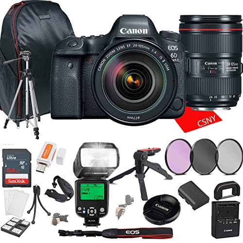 Canon EOS 6D Mark II DSLR Camera w/EF 24-105mm F/4L is II Lens + 64GB Memory + Back Pack Case + Tripod, TTL Flash, Filters, & More (28pc Bundle)