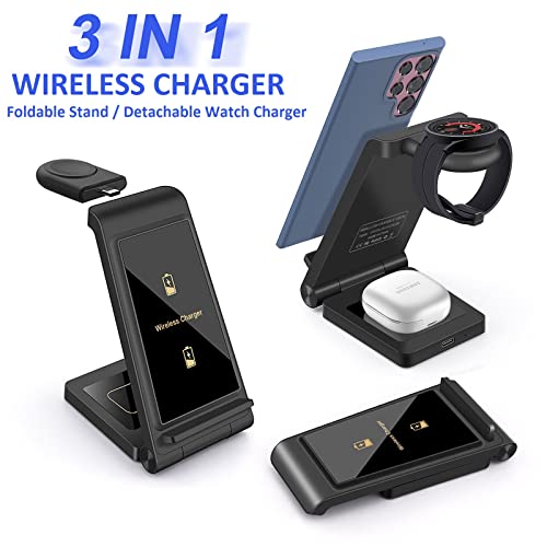 3 in 1 Wireless Charger DINTNCCM Fast Wireless Charging Stand Station Foldable for Samsung Galaxy S23/S22/S21/S20 Ultra/S10/S9/S8 Plus, Galaxy Watch5/4/3,Active 2/1, Galaxy Buds (Black- for Samsung)