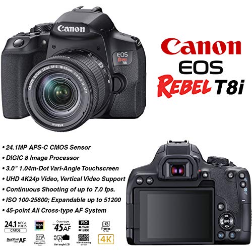 Camera EOS Rebel T8i DSLR Camera w/EF-S 18-55mm F/4-5.6 is STM Zoom Lens + EF 75-300 mm 4-5.6 III Lens Bundle with Wide Angle Lens + Telephoto Lens + 64GB Memory + Case + Tripod + Filter Kit + More