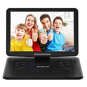 boifun 16.9″ portable dvd player with 14.1″ large hd swivel screen, 6 hours battery life, support fm/usb/sd card/sync tv projector and multiple disc formats region free, high volume, classic black