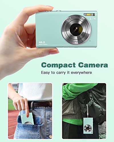 Digital Camera Auto Focus 2.7K 48MP Digital Point and Shoot Camera with 32GB Memory Card,16X Zoom, Time Lapse Vlogging Camera Digital Cameras for 8-15 Years Kids Teenagers Students Boys Girls, Green