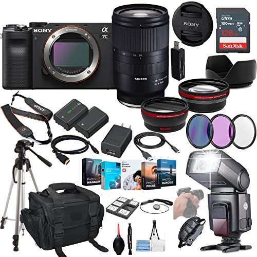 Sony a7C Mirrorless Camera Bundle (Black)- ILCE7C/B with Tamron 28-75mm Lens + Prime Accessory Package Including 128GB Memory, TTL Flash, Extra Battery, Software Package, Auxiliary Lenses & More