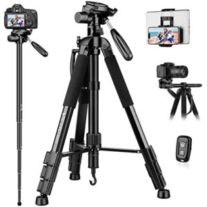 72″ tripod for camera, tall dslr tripod, aluminum horizontal tripod monopod, professional heavy duty camera tripod stand with remote, tablet & phone mount, compatible with canon nikon sony