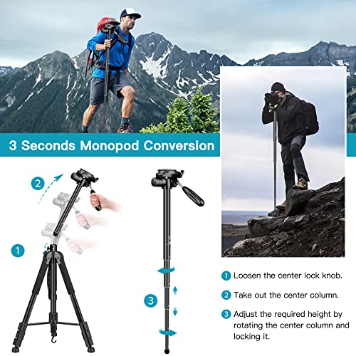 72" Tripod for Camera, Tall DSLR Tripod, Aluminum Horizontal Tripod Monopod, Professional Heavy Duty Camera Tripod Stand with Remote, Tablet & Phone Mount, Compatible with Canon Nikon Sony