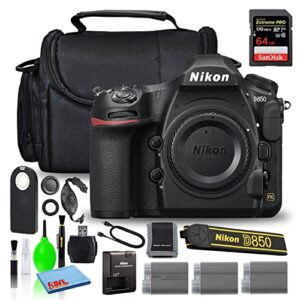 nikon d850 45.7mp dslr digital camera (body only) (1585) deluxe bundle with sandisk 64gb extreme pro sd card + (2) extra compatible batteries + large camera bag + wireless remote