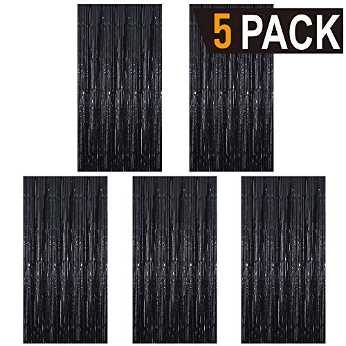 GOER 3.2 ft x 9.8 ft Metallic Tinsel Foil Fringe Curtains Party Photo Backdrop Party Streamers for Halloween,Birthday,Graduation,New Year Eve Decorations Wedding Decor (5 Packs,Black)