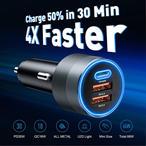 SONRU USB C Car Charger, 66W/9A PD3.0 Dual QC 3.0 Fast USB C Car Charger Adapter with LED Ambient Light, for iPhone 13/12/11/X/XR,