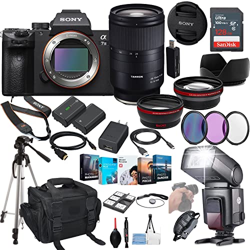 Sony a7 III Mirrorless Camera Bundle - ILCE7M3/B with Tamron 28-75mm Lens + Prime Accessory Package Including 128GB Memory, TTL Flash, Extra Battery, Software Package, Auxiliary Lenses & More