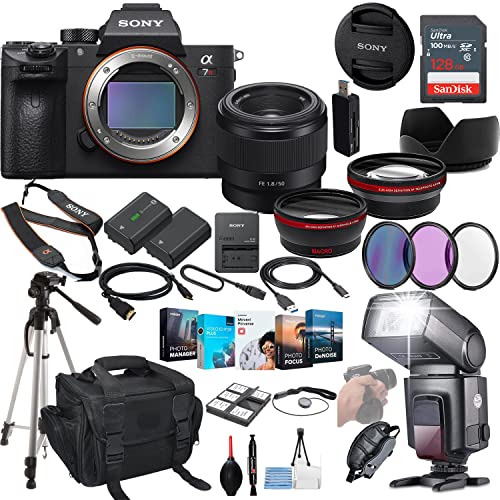 Sony a7R IIIA Mirrorless Camera Bundle - ILCE7RM3A/B with FE 50mm f/1.8 Lens + Prime Accessory Package Including 128GB Memory, TTL Flash, Extra Battery, Software Package, Auxiliary Lenses & More