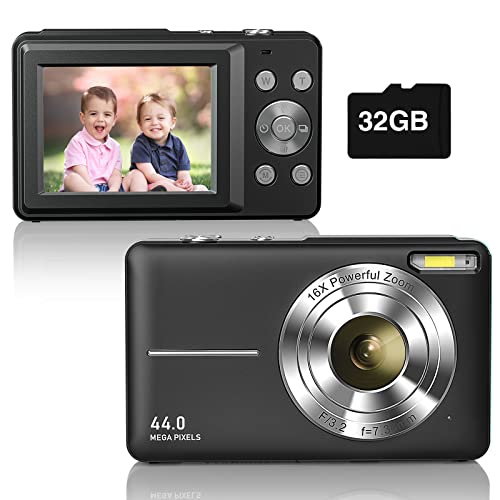 Digital Camera 1080P 44MP Digital Point and Shoot Camera Kids Camera with 32GB Memory Card,16X Zoom for Children Boys Girls Students, Black