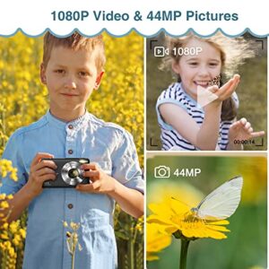 Digital Camera 1080P 44MP Digital Point and Shoot Camera Kids Camera with 32GB Memory Card,16X Zoom for Children Boys Girls Students, Black