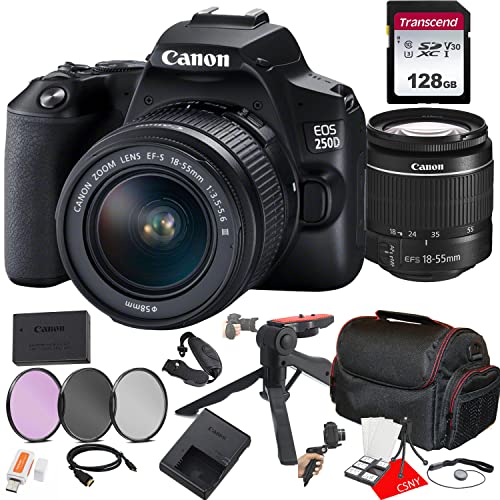 Canon EOS 250D (Rebel SL3) DSLR Camera w/EF-S 18-55mm F/3.5-5.6 Zoom Lens + 128GB Memory + Case + Filters + Tripod + 3 Piece Filter Kit + More (24pc Bundle)