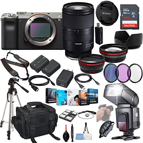 Sony a7C Mirrorless Camera Bundle (Silver)- ILCE7C/S with Tamron 28-75mm Lens + Prime Accessory Package Including 128GB Memory, TTL Flash, Extra Battery, Software Package, Auxiliary Lenses & More