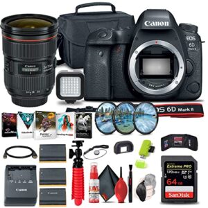canon eos 6d mark ii dslr camera (body only) (1897c002) + canon ef 24-70mm lens + 64gb card + case + filter kit + photo software + 2 x lpe6 battery + card reader + light + more (renewed)