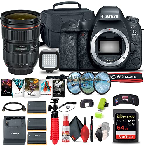 Canon EOS 6D Mark II DSLR Camera (Body Only) (1897C002) + Canon EF 24-70mm Lens + 64GB Card + Case + Filter Kit + Photo Software + 2 x LPE6 Battery + Card Reader + Light + More (Renewed)