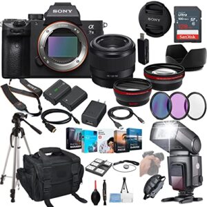 sony a7 iii mirrorless camera bundle – ilce7m3/b with fe 50mm f/1.8 lens + prime accessory package including 128gb memory, ttl flash, extra battery, software package, auxiliary lenses & more