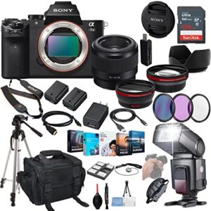 sony a7 ii mirrorless camera bundle – ilce7m2/b with fe 50mm f/1.8 lens + prime accessory package including 128gb memory, ttl flash, extra battery, software package, auxiliary lenses & more