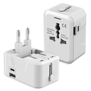 2-Pack SAUNORCH Travel Adapter Worldwide, European Universal International Power Travel Plug Adapter W/ 2.4A Type C & 2.4A USB-A Ports Wall Charger for USA EU UK AUS Cell Phone Laptop - White