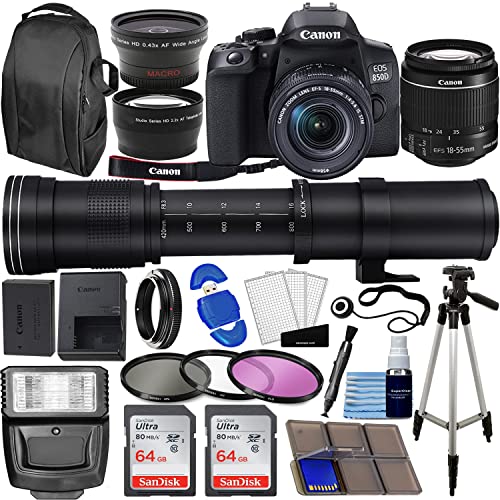 Camera EOS 850D (Rebel T8i) DSLR Camera w/ 18-55mm Lens Kit + 420-800mm Super Zoom Lens + Wide Angle Lens + Telephoto Lens + 128GB Memory + Case + Tripod + Filter Kit + Pro Bundle